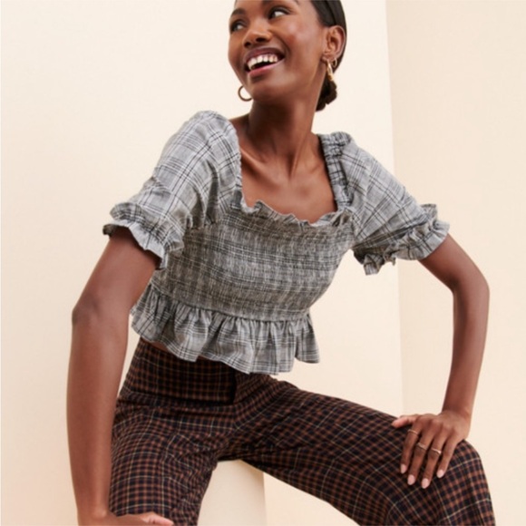 English Factory Plaid Shirred Puff Sleeve Top Crop - Picture 5 of 5